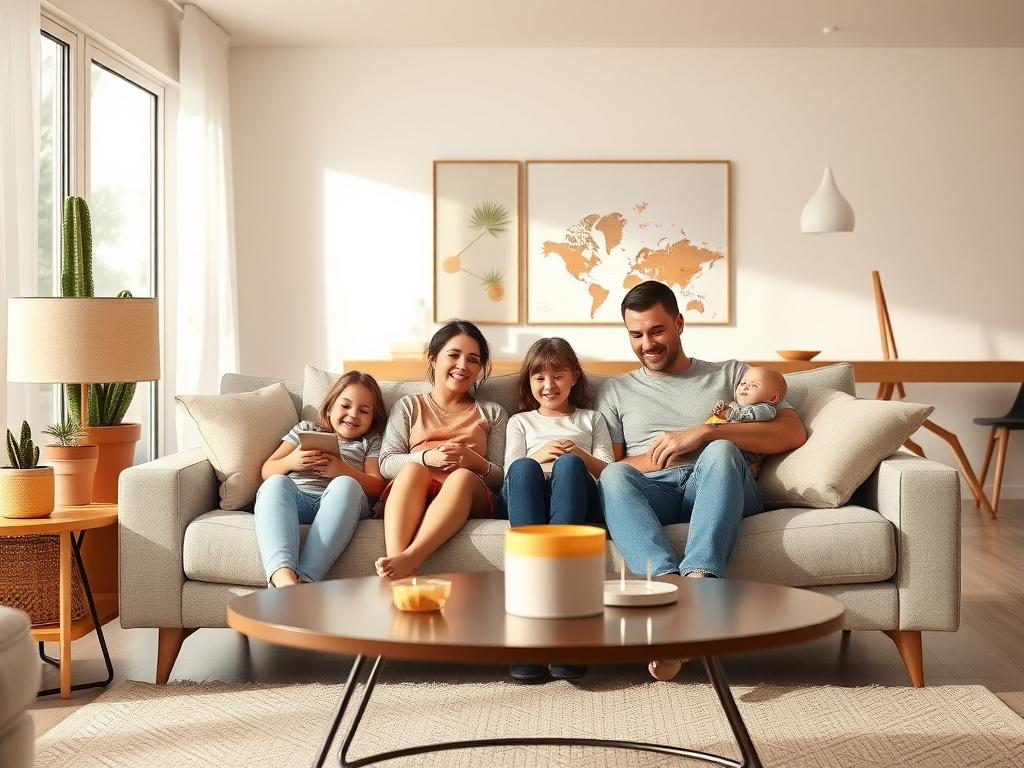 Family relaxing comfortably in a cool, bright Arizona living room