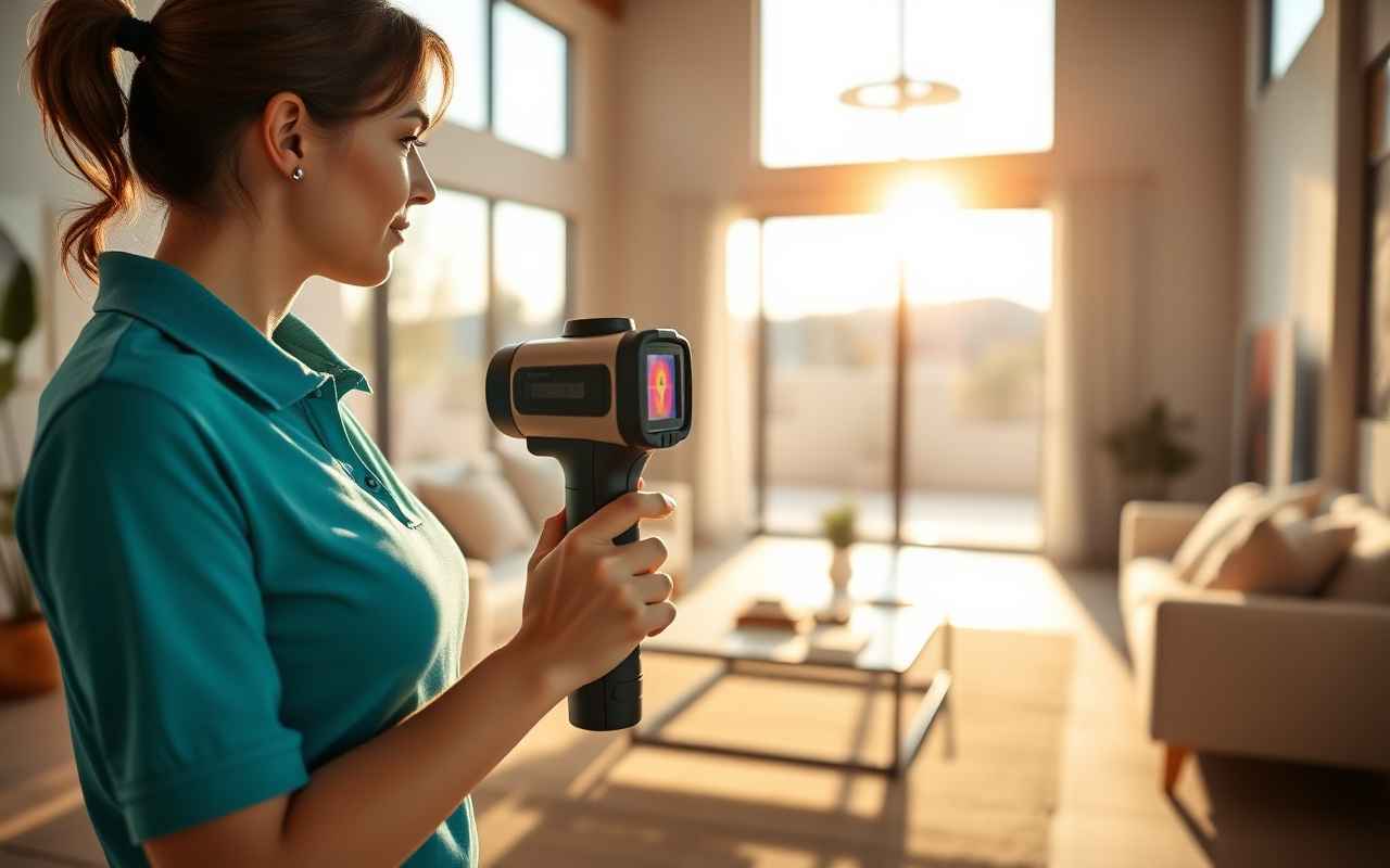 Energy auditor holding a thermal imaging camera inside a bright Arizona home